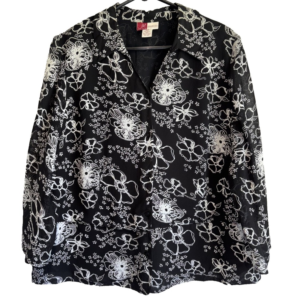 Button Up Floral Black White Blouse Women's Size 18W JM Collections Collared